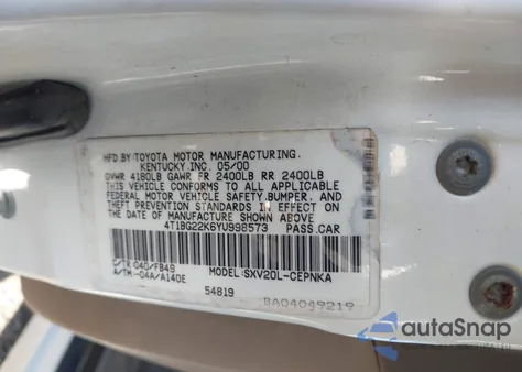 2000 Toyota Camry Le z USA, uszkodzony, nr VIN 4T1BG22K6YU998573